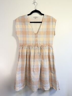 100% Cotton Seersucker Gingham Madewell Dress — Tan, Blue, Yellow — Size XS